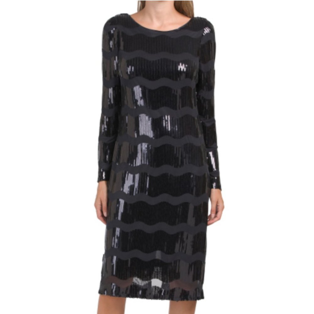 New NANETTE NANETTE LEPORE Wavy Sequin Striped Long Sleeve Dress size 8 Navy - Picture 4 of 6
